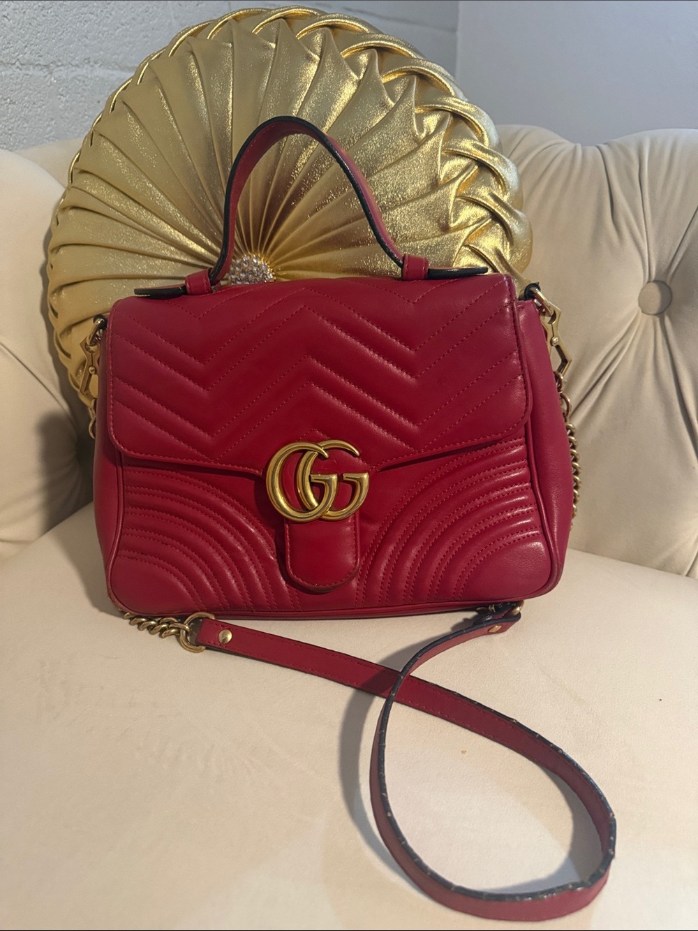 Gucci Red Quilted Leather Top-Handle Shoulder Bag with Gold Hardware